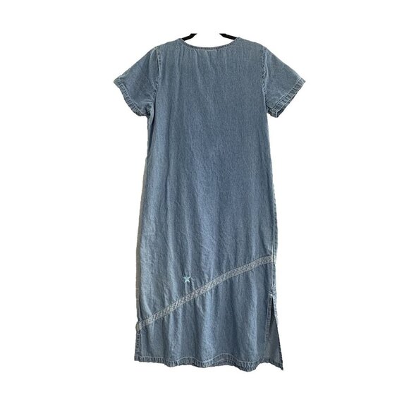 BLEU BAYOU Women Denim Midi Dress Sz M Blue Embroider Patches Short Sleeve 26-11 - Picture 2 of 11